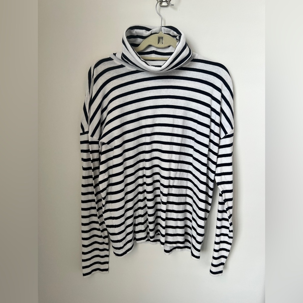 J.Crew Black White Striped Turtleneck Long Sleeve Top Size L Cotton